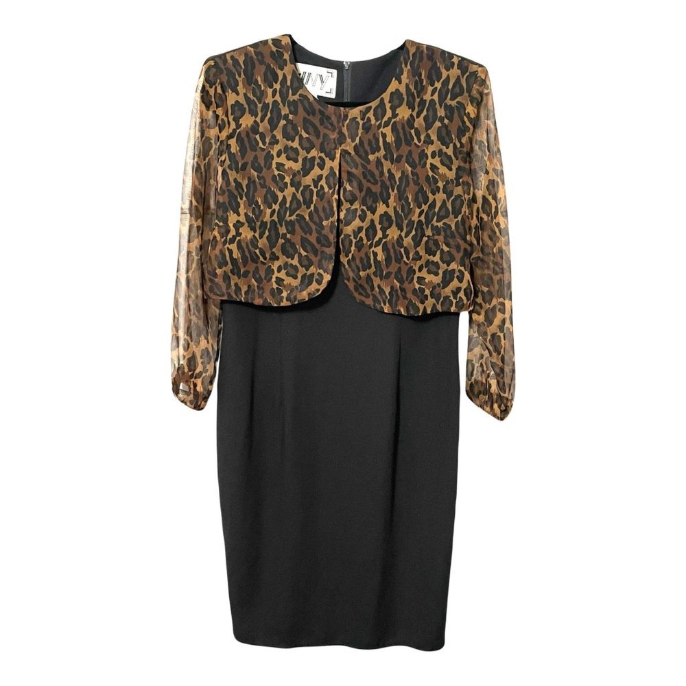 Vintage WYN Womens Dress Large Black Leopard Animal Print Jacket Like Top Attach
